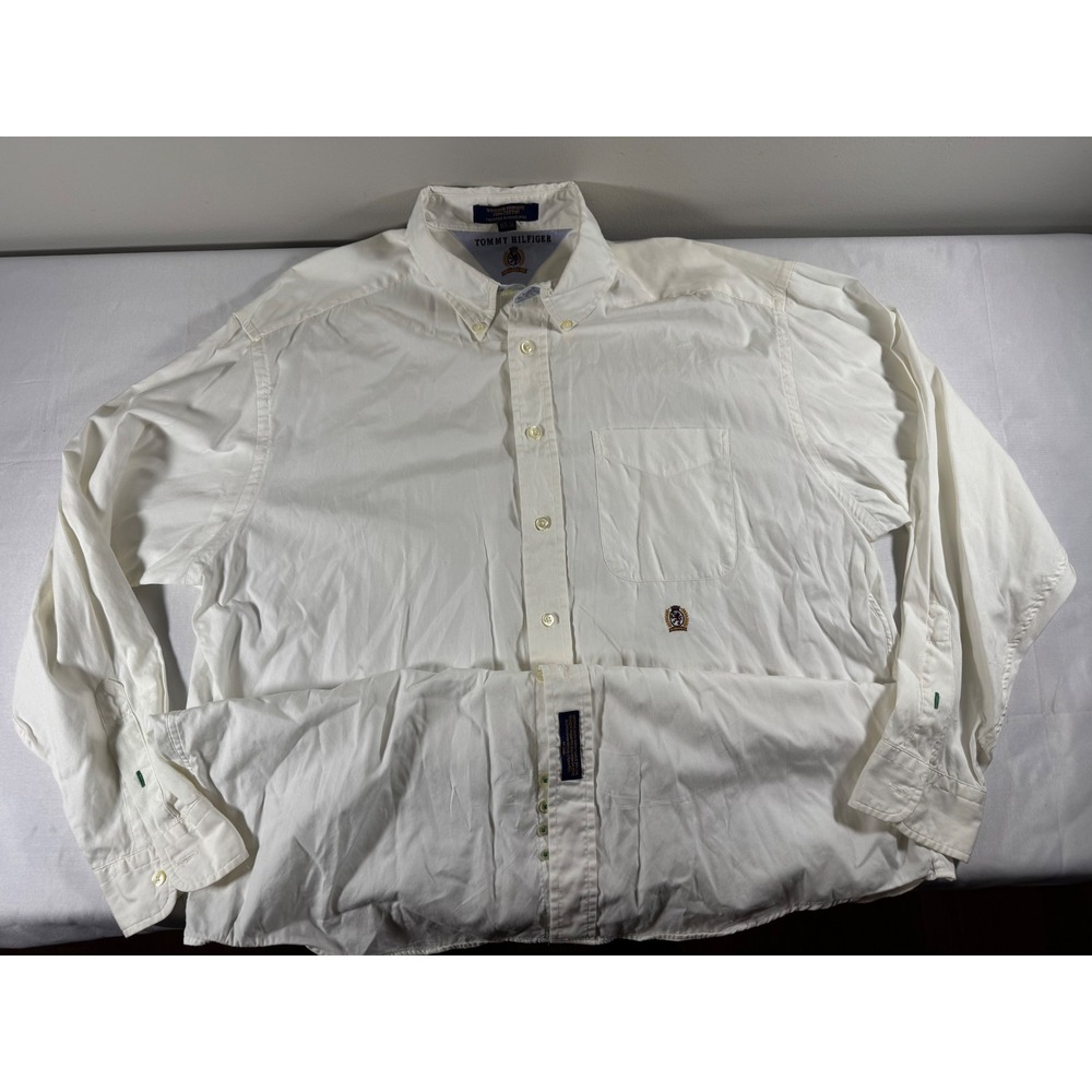 VTG 90s Tommy Hilfiger Mens White Windsor Pinpoint Cotton Button Down 16.5 34
